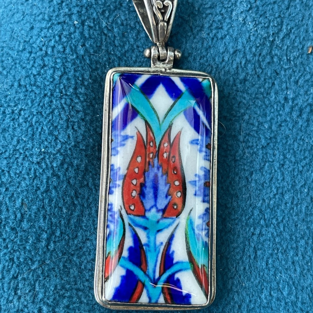 Turkish Tulip Motif Medallion,Sterling Silver,Scrolled Setting….